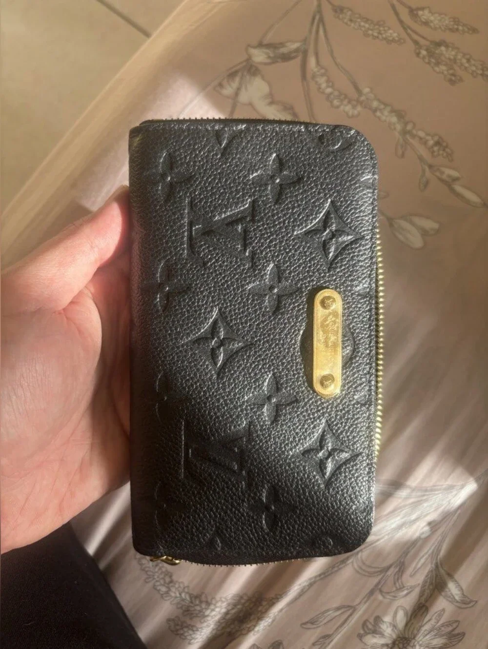 Louis Vuitton Black Embossed Monogram Zip Wallet with Gold Plate Accent